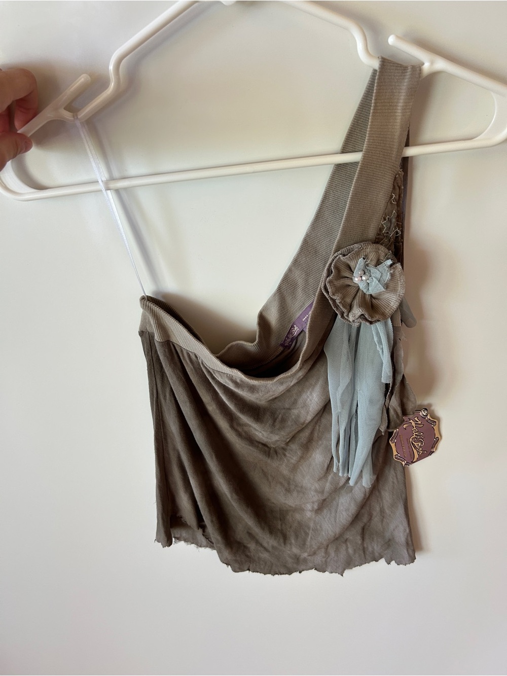 Hale Bob Taupe One-Shoulder Tank with Pale Blue Floral Accent